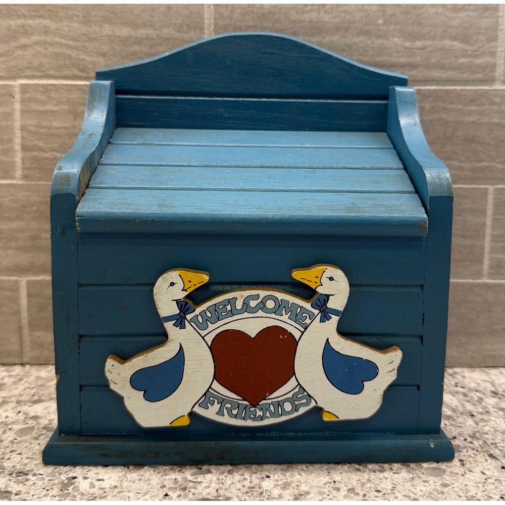 Vintage Himark Ganderville Collection Blue Wood Goose Welcome Friends Recipe Box